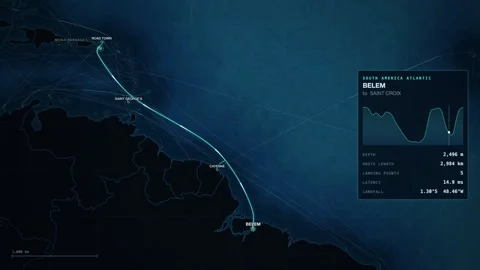 Undersea Cable Route Map From Belem To Saint Croix Vídeo Stock 344029030