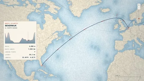Undersea Cable Route Map From Beverwijk To North Miami Stock Footage 344027696