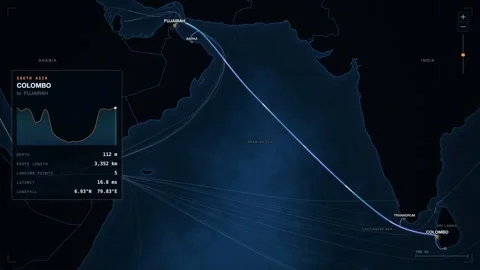 Undersea Cable Route Map From Colombo To Fujairah Stock Footage 344036175