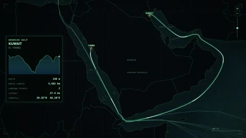 Undersea Cable Route Map From Kuwait To Yanbu Stock Footage 344028943
