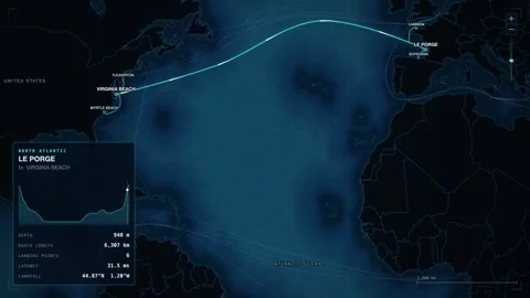 Undersea Cable Route Map From Le Porge To Virginia Beach Stock Footage 344027664