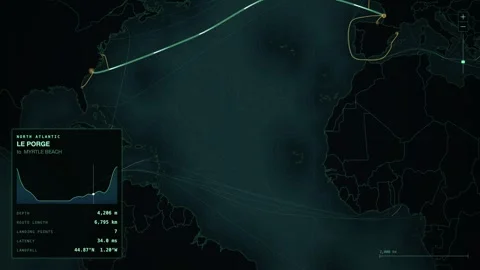 Undersea Cable Route Map From Le Porge To Myrtle Beach Stock Footage 344038295