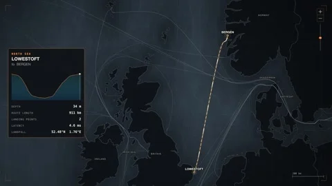 Undersea Cable Route Map From Lowestoft To Bergen Stock Footage 344036570