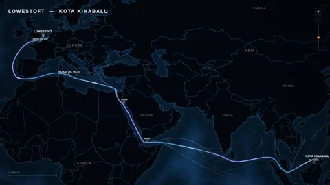 Undersea Cable Route Map From Lowestoft To Kota Kinabalu Stock Footage 344037786