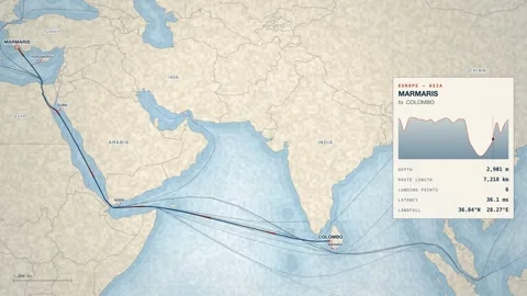 Undersea Cable Route Map From Marmaris To Colombo Stock Footage 344037699