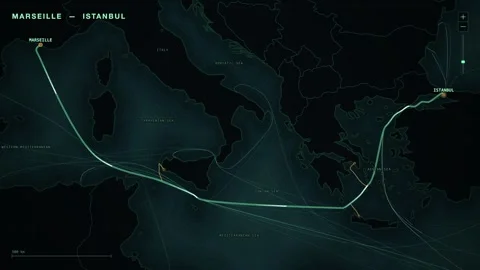 Undersea Cable Route Map From Marseille To Istanbul Stock Footage 344036239