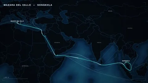 Undersea Cable Route Map From Mazara Del Vallo To Songkhla 스톡 동영상 344038266