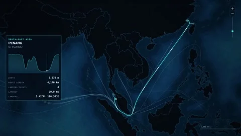 Undersea Cable Route Map From Penang To Fuzhou Stock Footage 344037311