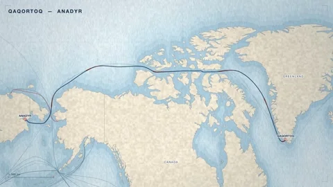 Undersea Cable Route Map From Qaqortoq To Anadyr Stock Footage 344038185