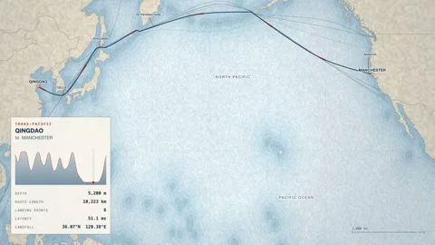 Undersea Cable Route Map From Qingdao To Manchester Stock Footage 344037853