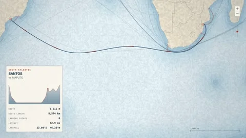 Undersea Cable Route Map From Santos To Maputo Stock Footage 344038284