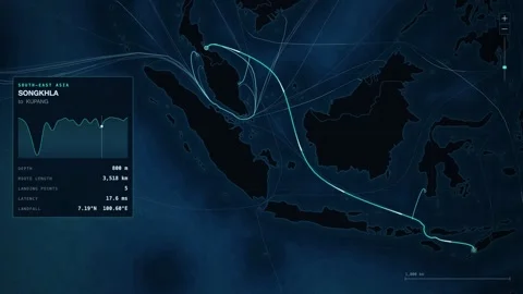 Undersea Cable Route Map From Songkhla To Kupang Vídeos de archivo 344037171
