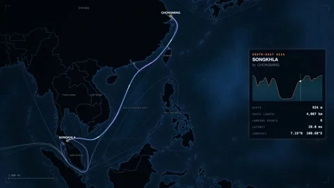 Undersea Cable Route Map From Songkhla To Chongming Stock Footage 344037293