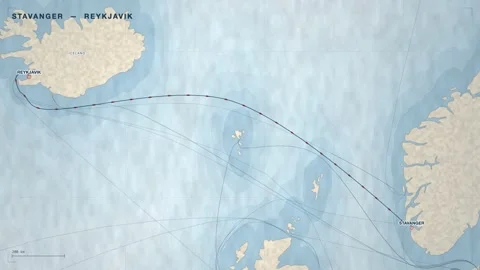 Undersea Cable Route Map From Stavanger To Reykjavik Stock Footage 344038224