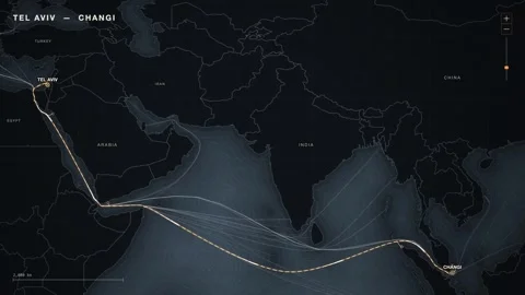 Undersea Cable Route Map From Tel Aviv To Changi Stock Footage 344037787