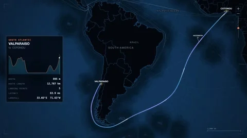 Undersea Cable Route Map From Valparaiso To Cotonou Stock Footage 344037880