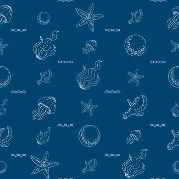 Undersea pattern of white jellyfish on dark blue Stockillustratie