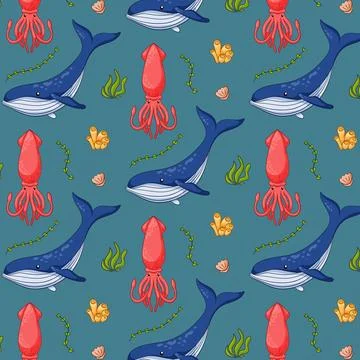 Undersea seamless pattern in cartoon style. Underwater animals squid, blue whale Stock Illustration