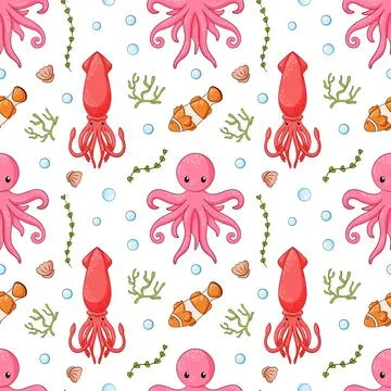 Undersea seamless pattern in cartoon style. Underwater animals squid, octopus Stock Illustration