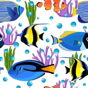 Undersea seamless pattern. Fish underwater with bubbles. 스톡 일러스트