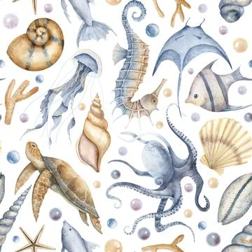 Undersea Seamless Pattern with underwater Animals and fish on isolated Stockillustratie
