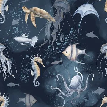 Undersea seamless Pattern with underwater animals and fishes on dark black blue Stock Illustration