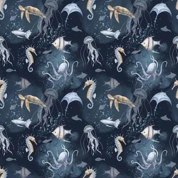 Undersea seamless Pattern with underwater animals and fishes on dark black blue Stock Illustration