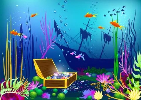 Undersea vector illustration with sunk ship and chest with gems Stock Illustration