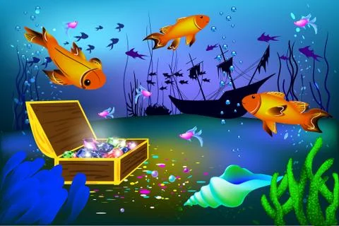 Undersea vector illustration with sunk ship and chest with gems with fish Stock Illustration