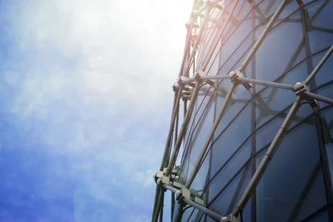 Underside angle view to background of modern glass building skyscrapers over Stock Photos