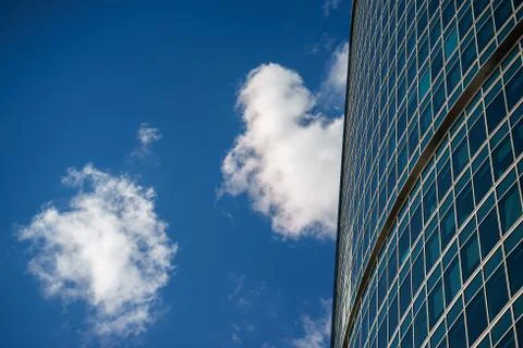 Underside angle view to background of modern glass building skyscrapers over Stock Photos