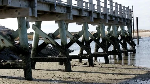 Underside of bay dock, day. Vídeo Stock 105865268