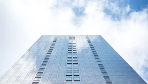 Underside panoramic and perspective view to steel blue glass high rise buildi 스톡 사진