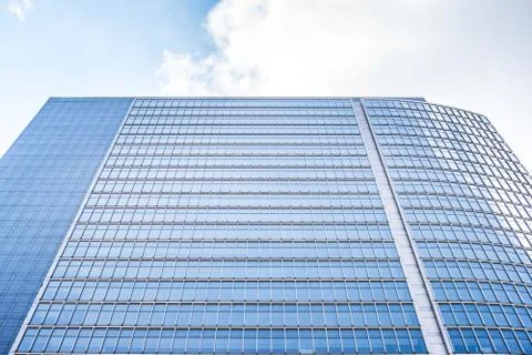 Underside panoramic and perspective view to steel blue glass high rise buildi 스톡 사진