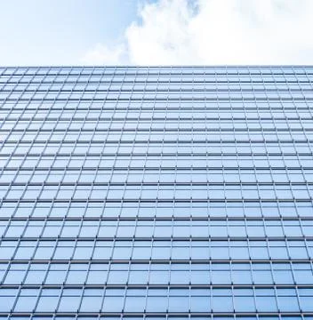 Underside panoramic and perspective view to steel blue glass high rise buildi Stock Photos