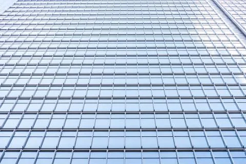 Underside panoramic and perspective view to steel blue glass high rise buildi 스톡 사진