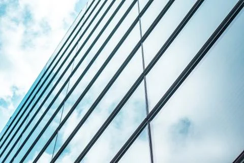 Underside panoramic and perspective view to steel blue glass high rise buildi 스톡 사진