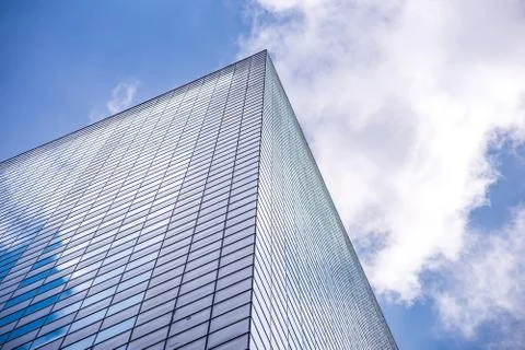 Underside panoramic and perspective view to steel blue glass high rise buildi Stock Photos