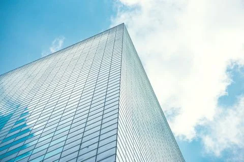Underside panoramic and perspective view to steel blue glass high rise buildi Stock Photos