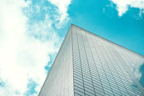 Underside panoramic and perspective view to steel blue glass high rise buildi Stock Photos