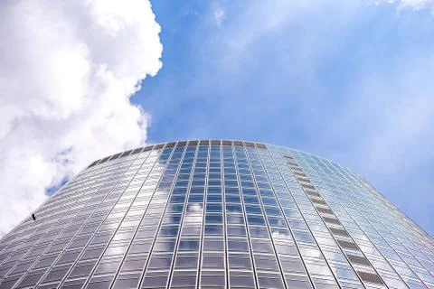 Underside panoramic and perspective view to steel blue glass high rise buildi 스톡 사진
