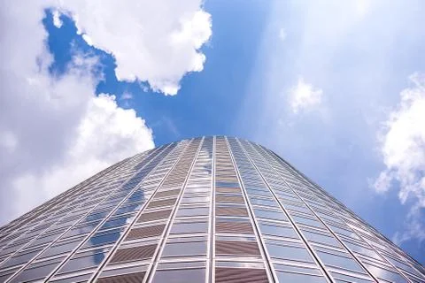Underside panoramic and perspective view to steel blue glass high rise buildi Stock Photos