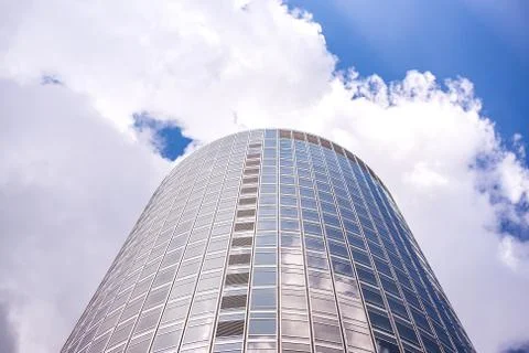 Underside panoramic and perspective view to steel blue glass high rise buildi 스톡 사진