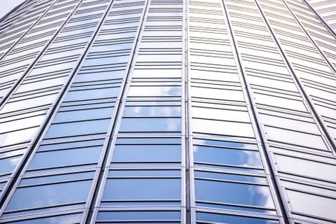 Underside panoramic and perspective view to steel blue glass high rise buildi 스톡 사진