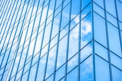 Underside panoramic and perspective view to steel blue glass high rise buildi 스톡 사진