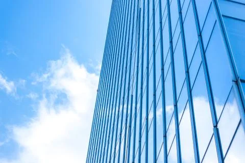 Underside panoramic and perspective view to steel blue glass high rise buildi 스톡 사진