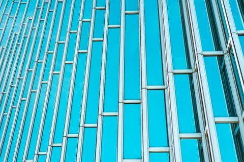 Underside panoramic and perspective view to steel Tiffany blue glass high ris Stock Photos