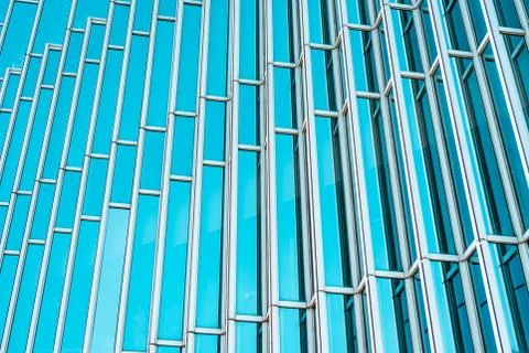 Underside panoramic and perspective view to steel Tiffany blue glass high ris Stock Photos