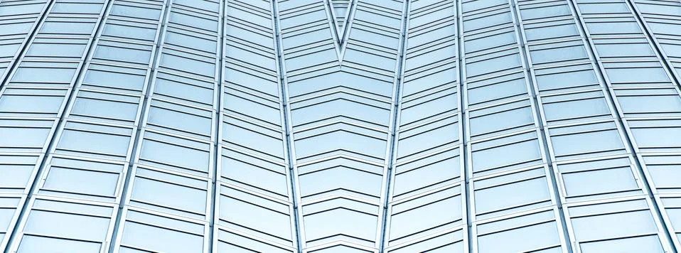 Underside panoramic and perspective view to steel blue glass high rise buildi Stock Photos