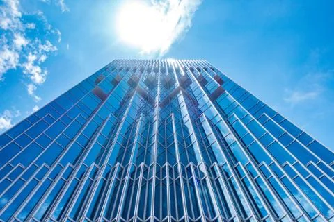 Underside panoramic and perspective view to steel blue glass high rise buildi 스톡 사진
